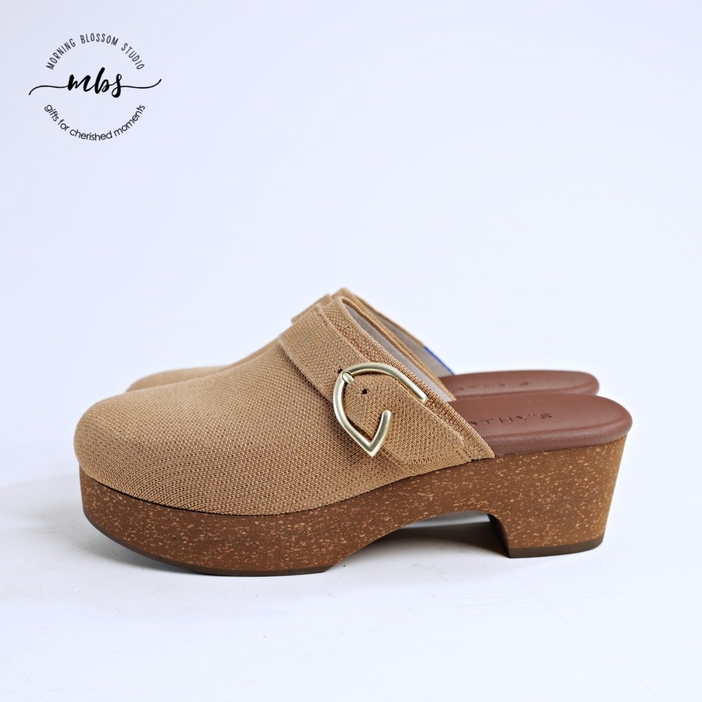 Rothy's Tan Canvas Clog Mules with Gold Buckle - Picture 3 of 14